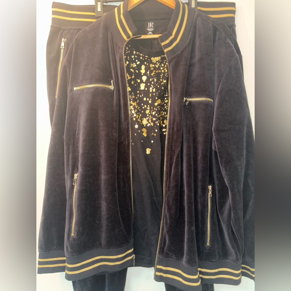 INC International Concepts Black Velvet Bomber Jacket with Gold Trim